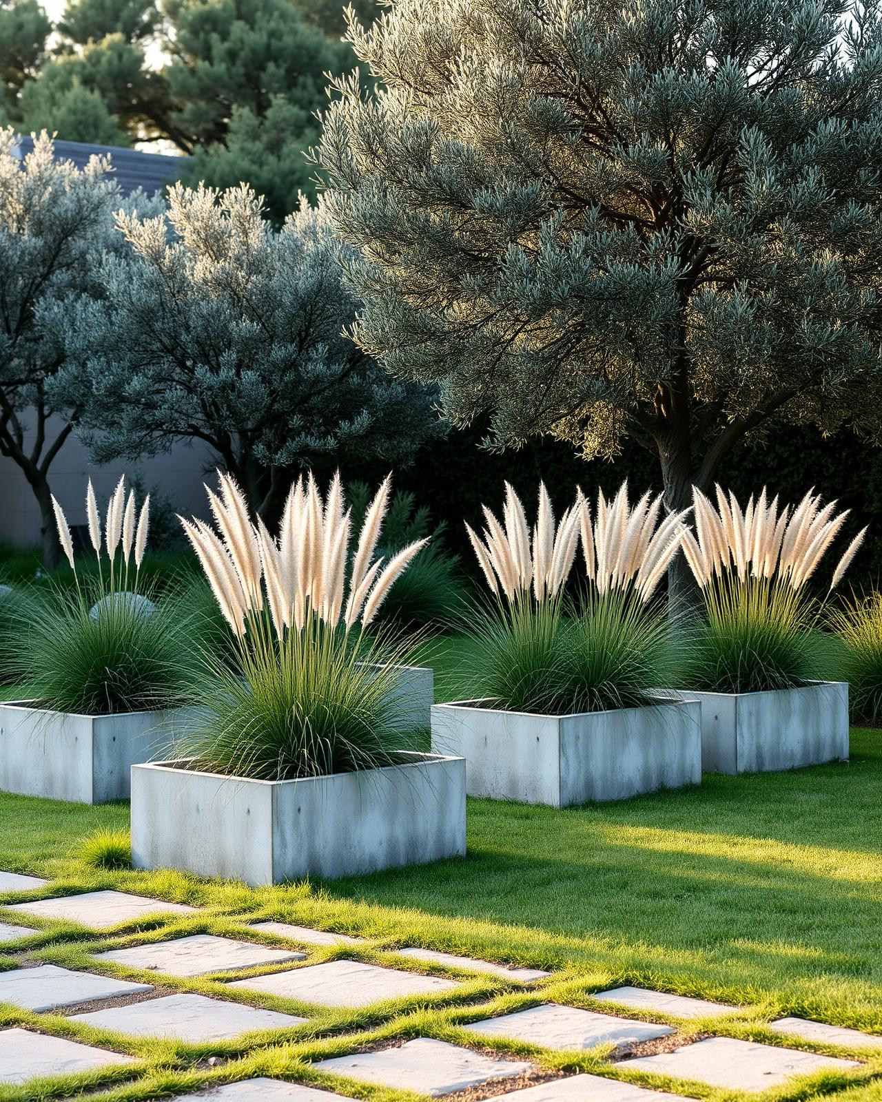Jardim moderno com canteiros de gramíneas e oliveiras